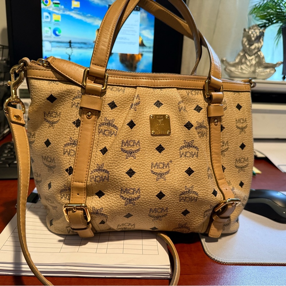 MCM Tan Leather Tote with Black Accents